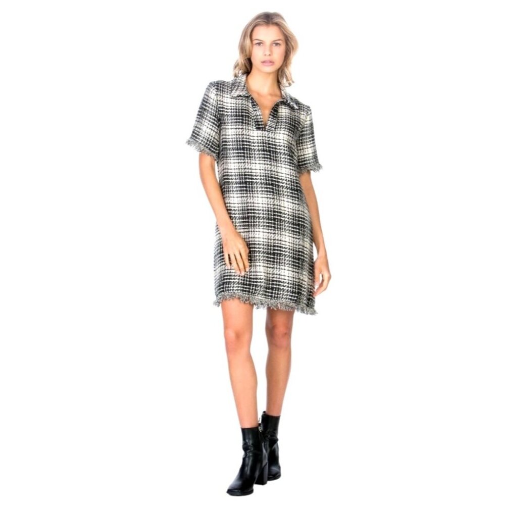 Maven West Dress Women Small Black Ivory Houndstooth Tweed Fray Shirt Dress